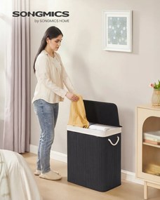 Cesto da roupa suja com 2 compartimentos, 100 L, com tampa, saco de bambu preto