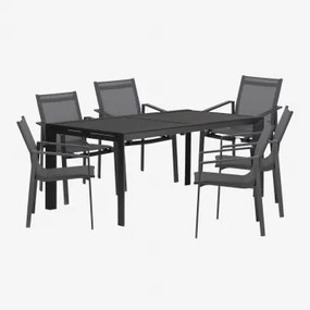 Conjunto De Mesa Extensível Retangular Starmi, 180-240x100 Cm, Feito De Alumínio E 6 Cadeiras De Jardim Eika. Cinza Grafito - Sklum