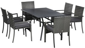 Outsunny Conjunto de Refeição de Jardim em Vime Sintético Conjunto de 7 Peças Inclui 6 Cadeiras com Almofadas e Mesa de Metal Cinza