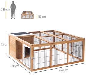 PawHut Coelheira de Exterior Gaiola para Coelhos Porquinho da India Animais Pequenos com 2 Portas Superiores e Teto Asfáltico Dobrável 123x120x52cm Madeira Natural