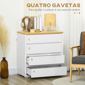 HOMCOM Cómoda Moderna com 4 Gavetas Cómoda de Madeira para Dormitório Sala de Estar Carga Máxima 40 kg 70x37x75 cm Branco e Madeira
