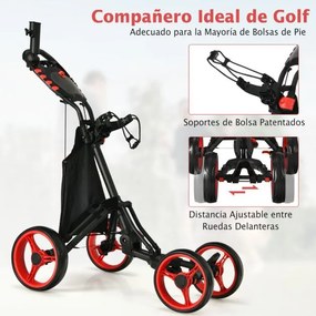 Carrinho de golfe dobrável, leve e de 4 rodas, com saco impermeável e travão de pé, suporte ajustável para guarda-chuva e copo - vermelho