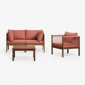 Conjunto De Sala Com Sofá Modular De 2 Peças Com Apoios De Braço, Poltrona E Mesa De Centro Em Madeira De Acácia Branson Terracota - Castanho Acácia -