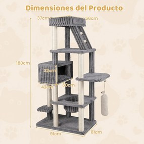 Árvore para Gatos Multinível, 91 x 61 x 180 cm, Base Ampla Antitombamento, Cinzento