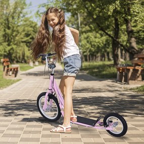 HOMCOM Trotinete para Crianças acima de 5 anos Scooter de 2 Rodas Grandes com Duplo Freio e Guidão Ajustável em Altura Adolecentes Adultos 125x58x92-100cm Rosa