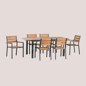 Conjunto De Mesa Extensível Retangular De Allumínio (150-197x90 Cm) E 6 Cadeiras De Jardim Empilháveis Com Braços Saura Cinza Grafito - Sklum