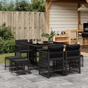 9 pcs conjunto de jantar p/ jardim c/ almofadões vime PE preto