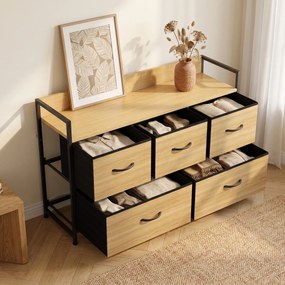 Cômoda, móvel de arrumação com 5 gavetas de tecido dobráveis, tampo e estrutura em aço, 98 x 29 x 63 cm, cor Carvalho