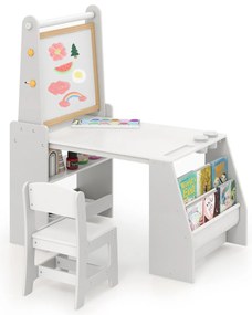 Conjunto de mesa e cadeira artística para crianças com 2 quadros, rolo de papel, copos de tinta, cavalete e cadeira multifuncional cinza e branca