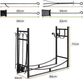 Suporte para Lenha com Ferramentas de Lareira, 85 x 33 x 77 cm, Capacidade de Carga de 80 kg, Preto