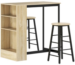 HOMCOM Conjunto mesa de bar com banquetas, compartimentos abertos, prateleira ajustável e apoio para os pés, carvalho e preto | Aosom Portugal