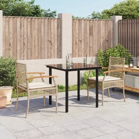 3 pcs conjunto de jantar p/ jardim com almofadões vime PE bege