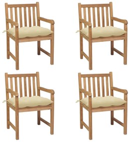 vidaXL Cadeiras de jardim c/ almofadões branco nata 4 pcs teca maciça