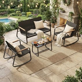 Conjunto de jardim com 2 cadeiras de baloiço com mesa e banco Preto