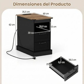 Mesa de cabeceira, mesa apoio 60 x 35,5 x 62 cm rústica com estação de carregamento com prateleira aberta e 2 gavetas para quarto e sala Preto