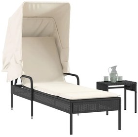 vidaXL Espreguiçadeira com toldo e mesa vime PE preto