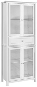 HOMCOM Armário de Cozinha com 4 Portas de Vidro Temperado Gaveta e Prateleiras Ajustáveis 74x35,5x181,5 cm Branco