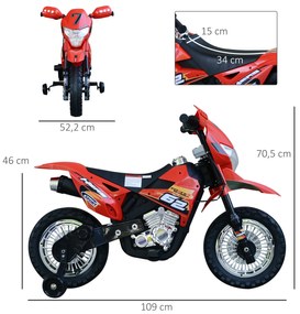 HOMCOM Mota Elétrica Infantil Motocicleta Elétrica para Crianças acima de 3 Anos com Luzes Música e Rodas de Apoio 109x52,5x70,5cm Vermelha