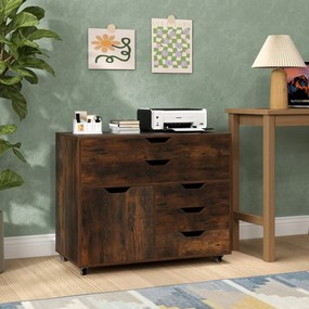 Armário de armazenamento para escritório 77,5 x 40 x 64 cm com 5 gavetas com porta 5 rodas com rodas suporte para impressora Castanho