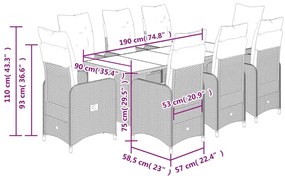 9 pcs conjunto bistrô de jardim c/ almofadões vime PE cinzento