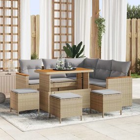 Conjunto de Sofá de Jardim vidaXL 9 Peças com Almofadas Bege Rattan Poliéster Acácia