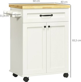 Carrinho de cozinha com rodas 68 L x 40 l x 83,5 A cm e vários compartimentos de arrumação: 1 gaveta, 1 armário, 1 suporte para panos de cozinha branc