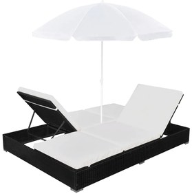 Espreguiçadeira de exterior com guarda-sol vime PE preto