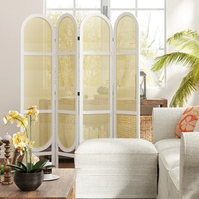 Biombo de interior em madeira com 4 painéis, 170 x 160 cm, dobrável e portátil, com padrão tecido à mão, branco