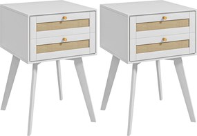 HOMCOM Conjunto de 2 Mesas de Cabeceira Estilo Cannage com 2 Gavetas em Vime Mesas Auxiliares Pequenas 40x40x60 cm Branco | Aosom Portugal