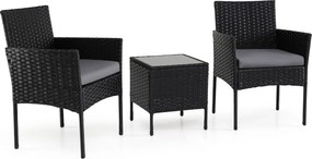Conjunto de móveis de jardim de 3 peças em rattan com 2 cadeiras e Mesa auxiliar de vidro para terraço, pátio ou varanda Cinzento+Preto