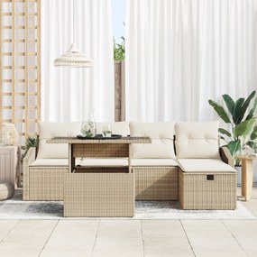 Conjunto de Sofá de Jardim de 6 Peças com Almofadas Bege em Rattan Pol