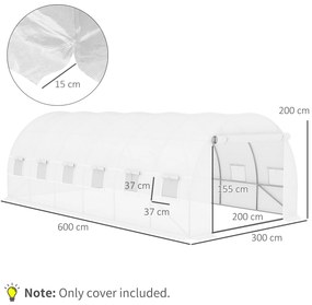 Cobertura de Estufa de Túnel 6x3x2m Cobertura de Substituição de Estufa Polietileno com 12 Janelas e Portas Enroláveis Proteção de Plantas para Jardim