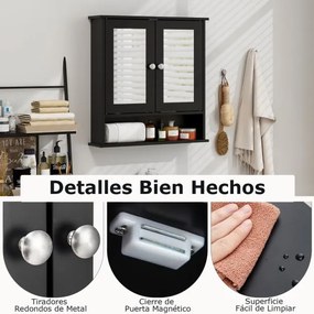 Armário de parede para casa de banho com espelho, 2 portas, prateleira ajustável e compartimento aberto 56,5 x 13,5 x 58,5 cm Preto