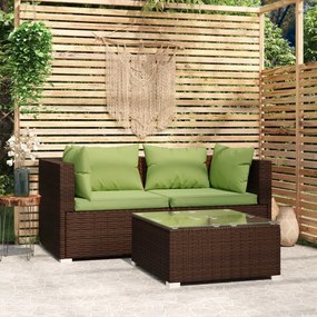 vidaXL 3 pcs conjunto lounge jardim c/ almofadões vime PE castanho