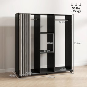 Guarda roupa 120 x 40 x 128 cm móvel de arrumação com rodas, 6 rodas, em madeira preta