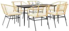 Conjunto jantar jardim 7 peças almofadas vidro vime PE castanho