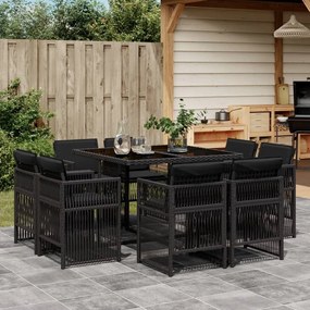 9 pcs conjunto de jantar p/ jardim c/ almofadões vime PE preto