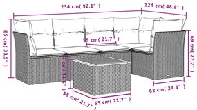 6 pcs conjunto sofás de jardim com almofadões vime cinzento