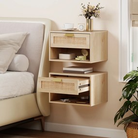 Conjunto de 2 Mesas de Cabeceira Suspensas com Gaveta de Vime Prateleira Aberta Economiza Espaço 40x30x25 cm Carvalho