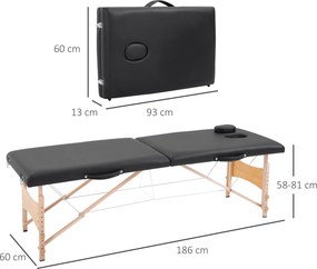 Marquesa de Massagem Dobrável Portátil com Apoio para a Cabeça Altura Ajustável e Bolsa de Transporte 186x60x58-81 cm Preto