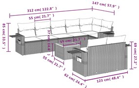 9 pcs conjunto sofás p/ jardim com almofadões vime PE cinzento