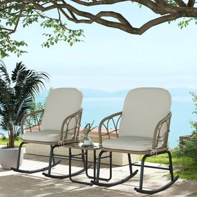 Conjunto de Móveis jardim de Vime de 3 Peças com 2 Cadeiras de Baloiço 1 Mesa de Centro e Almofadas Creme e Bege