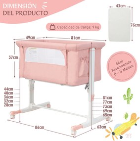 Berço infantil 3 em 1 com colchão 5 alturas ajustável 10° de inclinação 10° de bolsa lateral Berço de transporte portátil para bebés 86 x 63 x 81 cm R