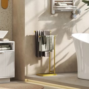 Toalheiro de Pé de 2 Níveis Toalheiro para Casa de Banho com 2 Barras e Estrutura Metálica Estilo Moderno em Forma de L 35,5x20x78 cm Dourado