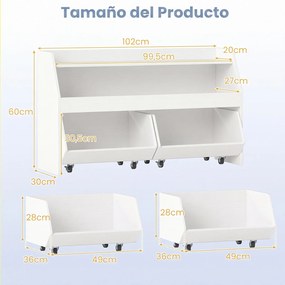 Estante de Arrumação para Brinquedos, 102 x 30 x 60 cm, Com 2 Estantes e 2 Gavetas, Branco