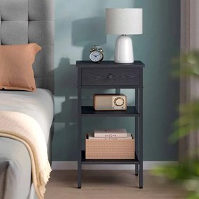 Mesa de cabeçeira com uma gaveta e 2 compartimentos abertos 35 x 35 x 70 cm Preta