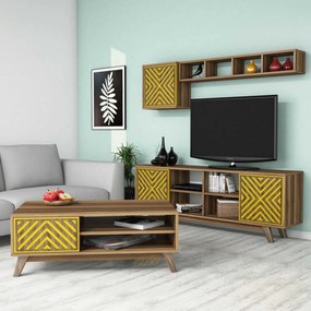 Conjunto de Mobiliário de Sala de Estar Inci – Nogueira e Amarelo – Di
