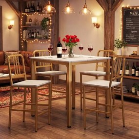 Conjunto de mesa de jantar alta e 4 bancos para 4 pessoas com tampo em imitação de mármore, mesa quadrada moderna branco