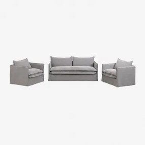 Conjunto De Sala De Estar Com Sofá De 3 Lugares E 2 Poltronas Em Linho E Algodão Grace Tecido Cinzento Escuro - Sklum