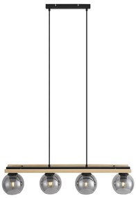 Candeeiro suspenso moderno preto com madeira e vidro fumado 4 luzes - Aleks Moderno